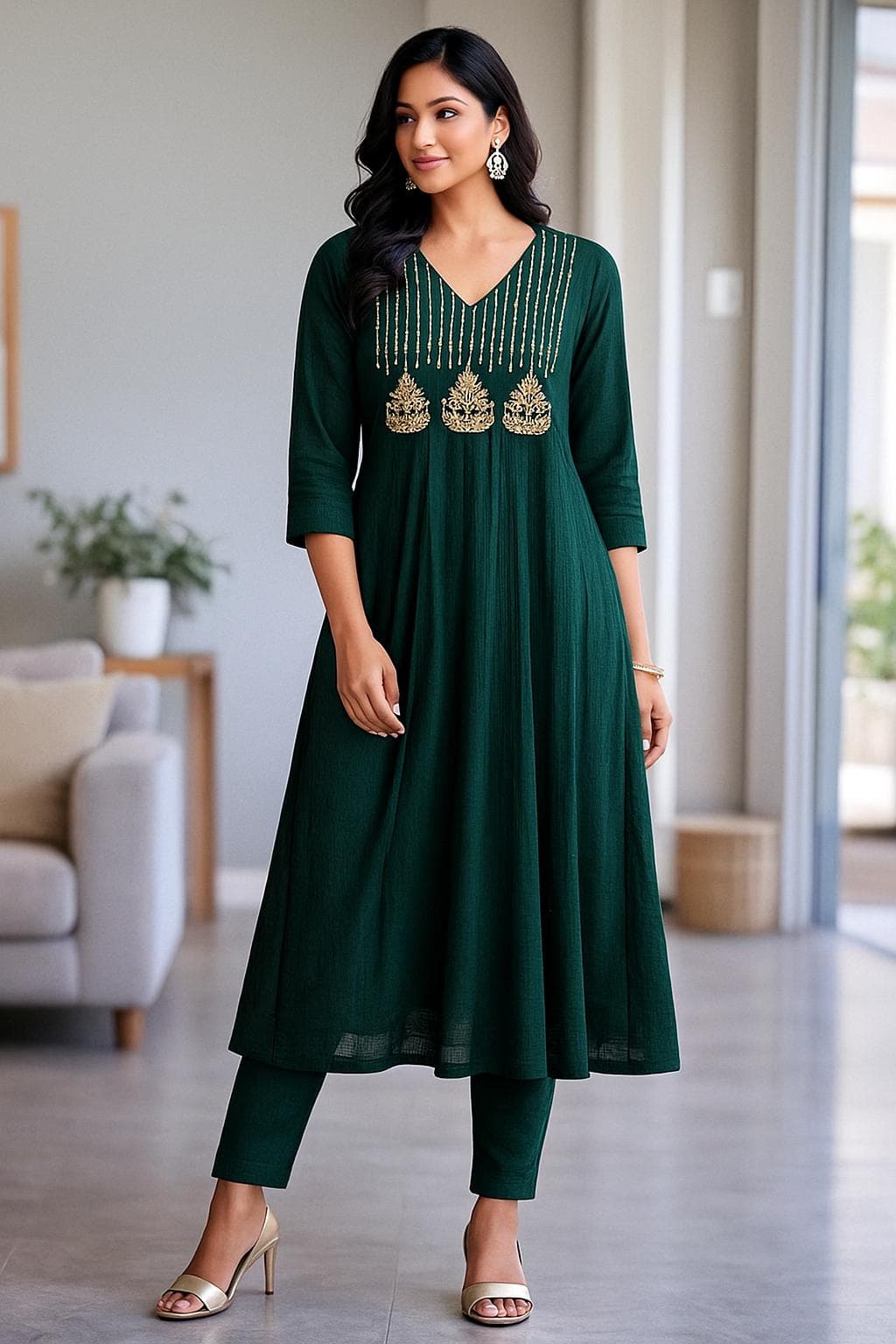 Bottle Green Kurti with Gold Embroidery