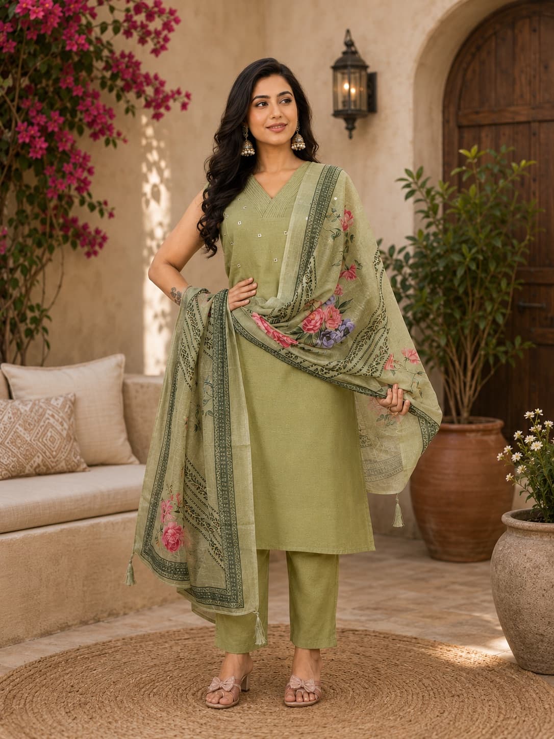 Green Veticán Kurti Set with Chanderi Digital Dupatta (With Pocket)