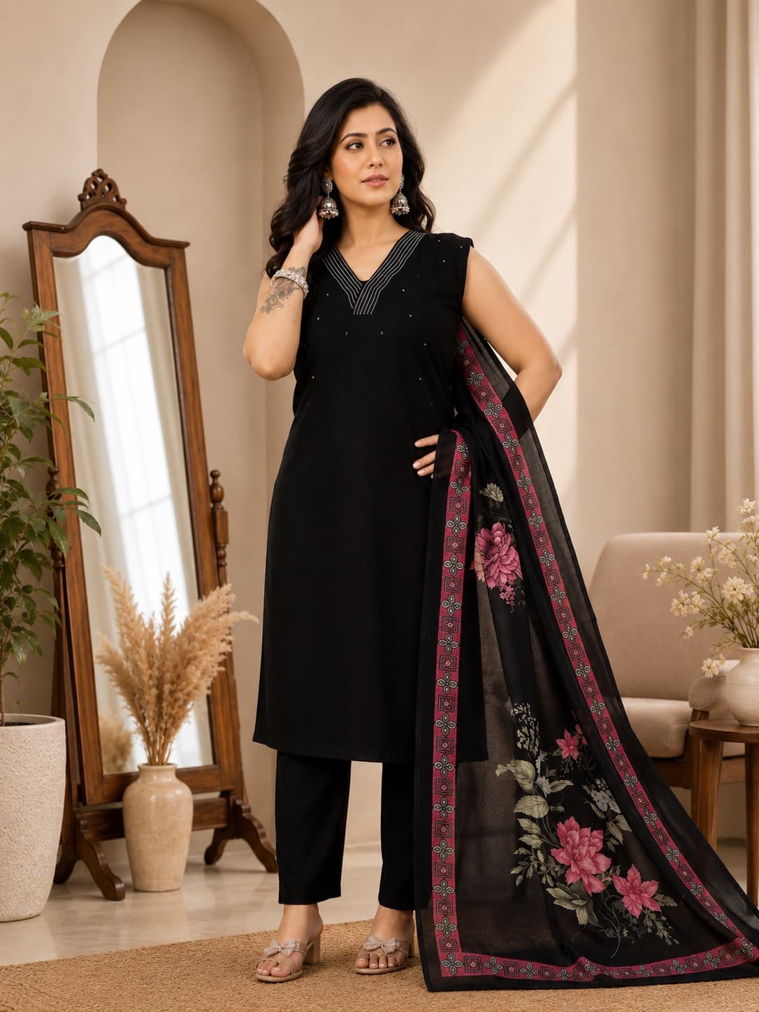 Black Kurti with Floral Printed Dupatta & Pants