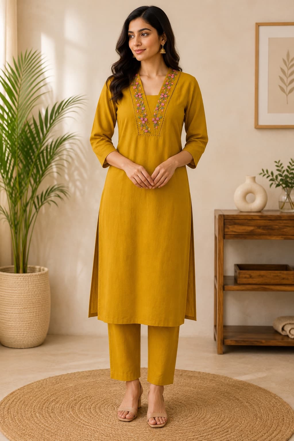 Mustard Straight-Cut Kurti with Embroidered Neck