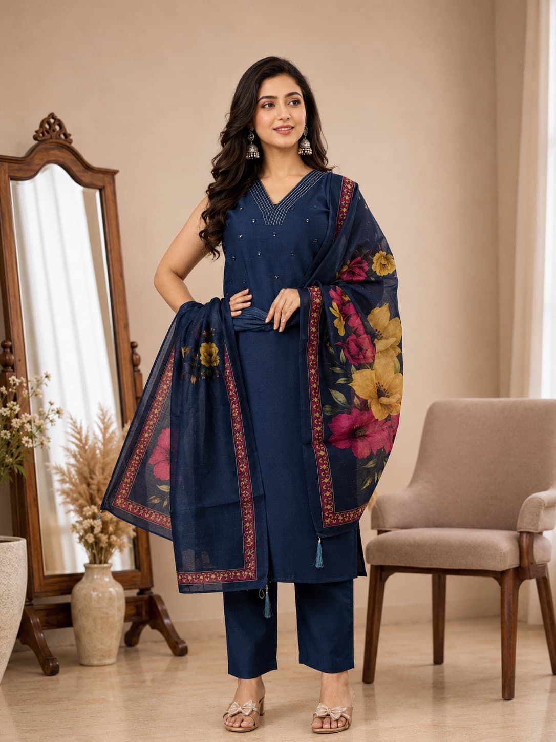 Blue Veticán Kurti Set with Chanderi Digital Dupatta (With Pocket)